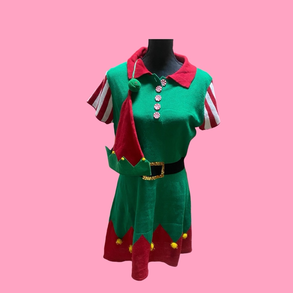 Christmas Sweater Elf Dress and Santa Hat size Large